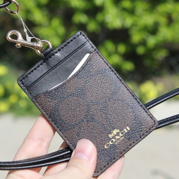 NEW Coach ID Lanyard Card Case Holder Signature Canvas Brown Black F63274 - Picture 3 of 5